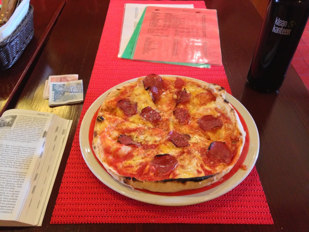Salami/pepperoni pizza - about 70 kuna or ~$12 with tip