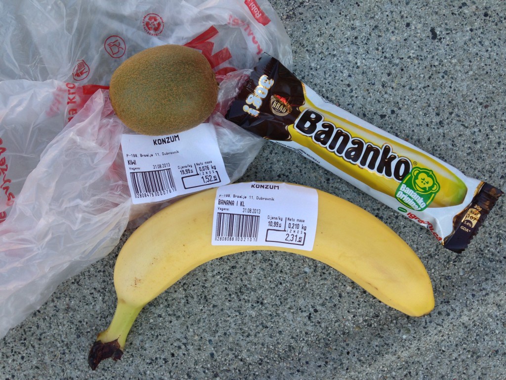 Kiwi, banana, and candy bar: 7 kuna or $1.25. Cheap!