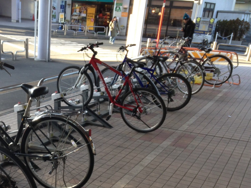 My red bike stands out in the sea of black and silver bikes here, making it easy to find.