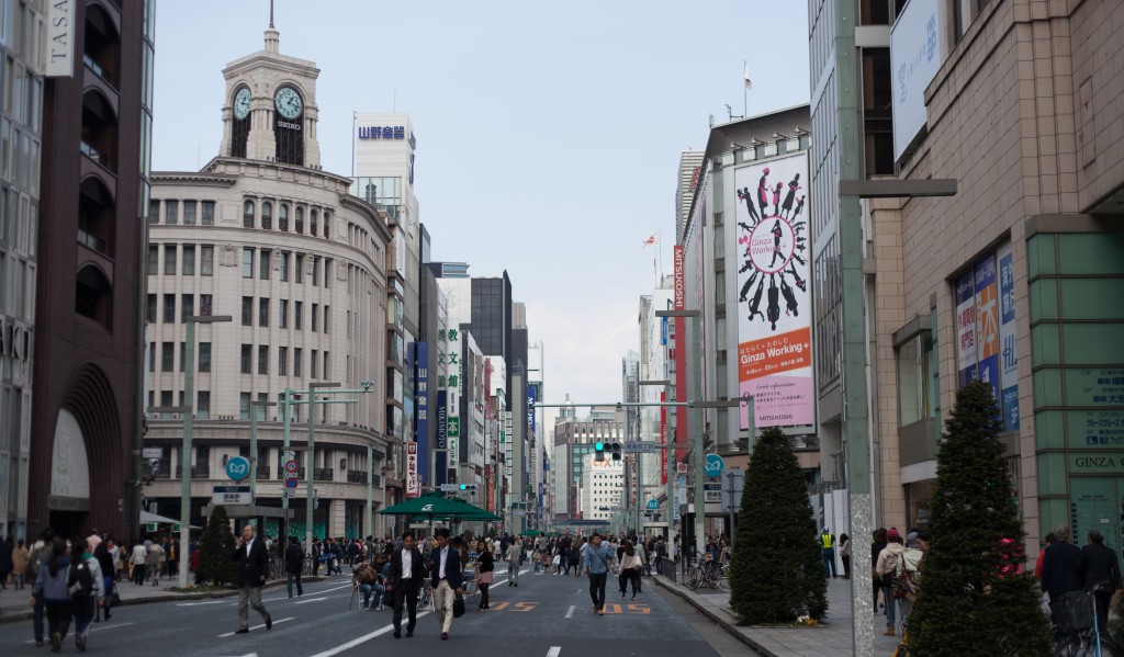 The main street through Ginza closes to traffic after noon on Saturdays